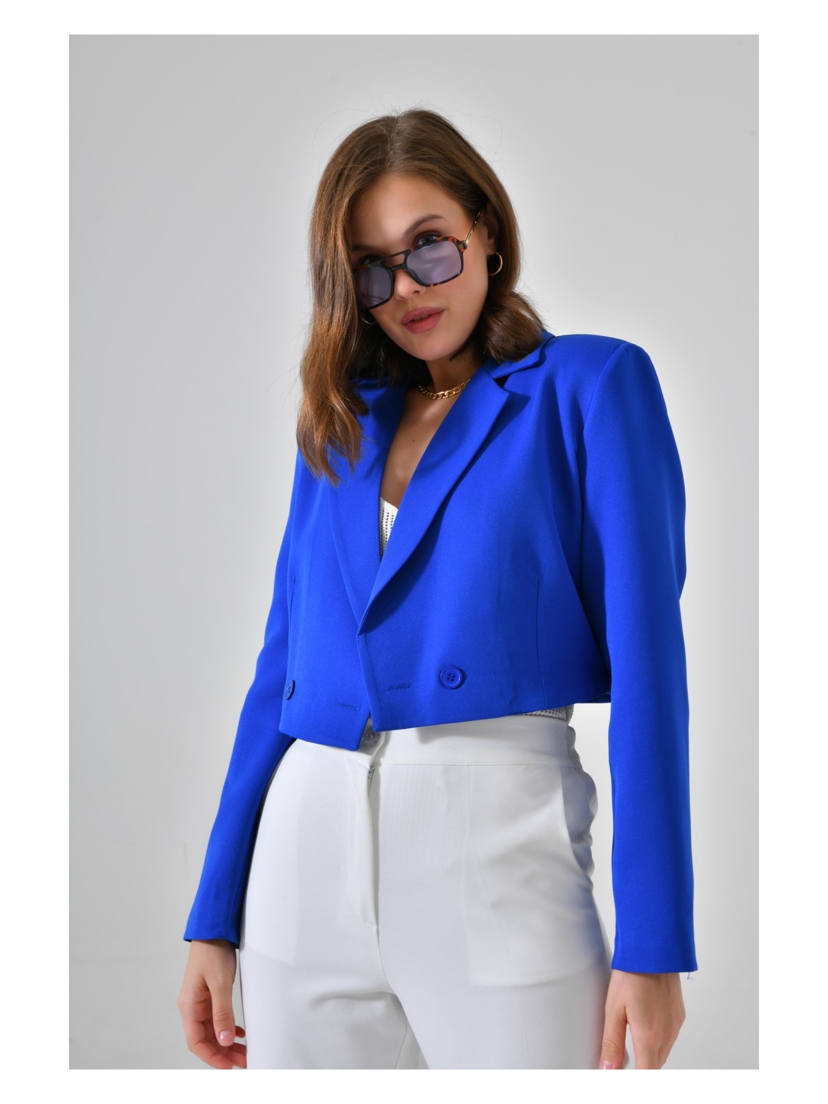 Saade Saks Mavi Kruvaze Crop Blazer Ceket