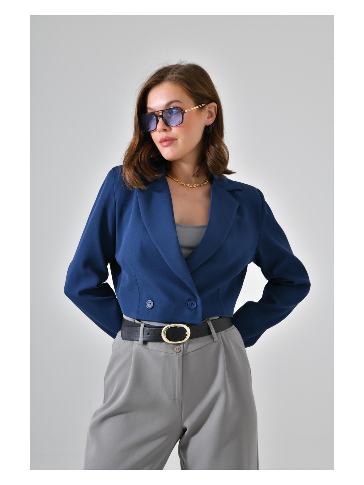 Saade Lacivert Kruvaze Crop Blazer Ceket Kadın %86 Polyester %14 Elastan Yumuşak Rahat