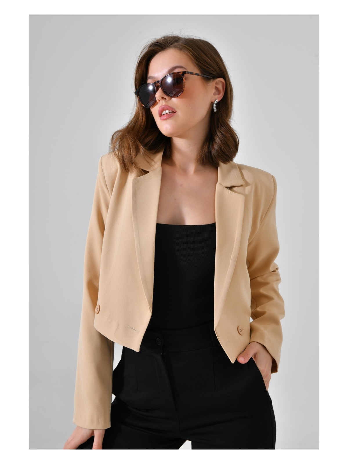 Saade Kamel Kruvaze Crop Blazer Ceket