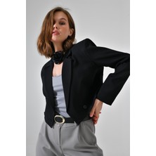 Saade Siyah Kruvaze Crop Blazer Ceket