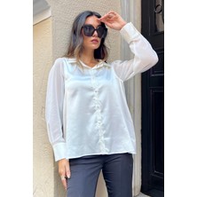 For You Limited Kolu Şifon Detaylı Beyaz Saten Gömlek