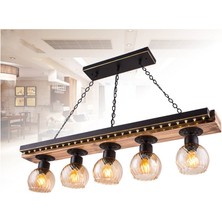 Sedef 5'li E27 Duy  Siyah Renk Metal Eskitme Ahşap Retro Bal Camlı LED Tepsili Sıralı Sarkıt Avize