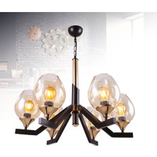 Sedef 6'lı Siyah / Gold Metal E27 Duy Bal Camlı Retro Sarkıt Avize