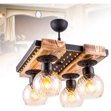 Sedef 4'lü E27 Duy  Siyah Renk Metal Eskitme Ahşap Retro Bal Camlı LED Tepsili Avize