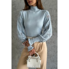 Nosia Fashion Kolları Dantel Detaylı Bebe Mavisi Triko Kazak NF4460009107364