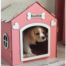 Hobicim Süper Set Ahşap Dekoratif Köpek Evi-Kulübesi ,kedi Evi Minder ve Zincir Tasma (Pembe-Beyaz)