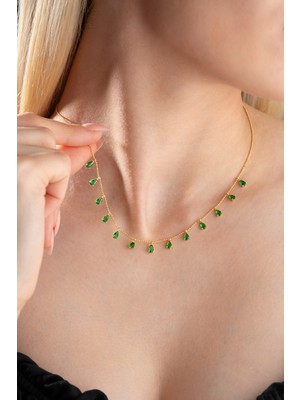 Nereze 925 Ayar Gümüş Gold Sıralı Damla Yeşil Zirkon Taşlı Kolye