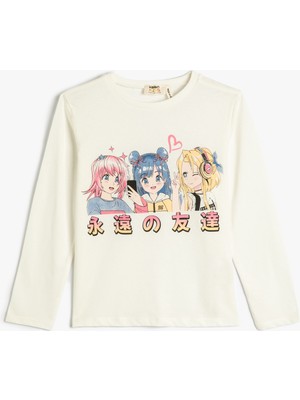 Koton Tişört Uzun Kollu Anime Baskılı Bisiklet Yaka Pamuklu