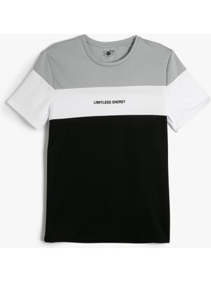 Koton Spor Tişört Renk Bloklu Kısa Kollu Bisiklet Yaka Baskılı