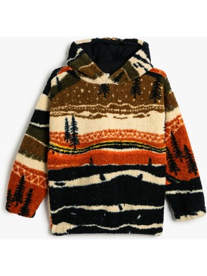 Koton Kapşonlu Peluş Sweatshirt Uzun Kollu Desenli