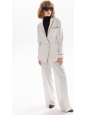 Rivus Beli Lastikli Bol Paça Saten Pantolon - Ekru