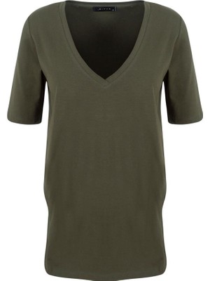 Rivus V Yaka Önü Arkası Uzun Basic T-Shirt - Haki