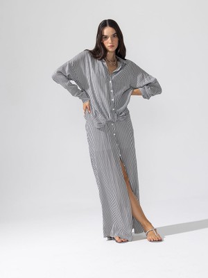 Rivus Önü Düğmeli Içi Astarlı Ikonik Viskon Gömlek Elbise - Çizgili