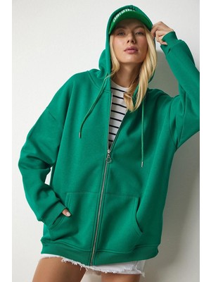 Busem Kadın Kapüşonlu Üç İplik Owersize Fermuarlı Sweatshirt Yeşil