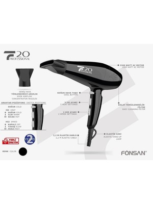 Fönsan F20 Profesyonel Fön Makinası 2200 Watt Siyah İyon Teknolojisi ve 2 Hız Ayarı ile
