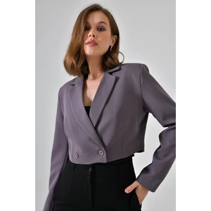 Antrasit Kruvaze Crop Blazer Ceket
