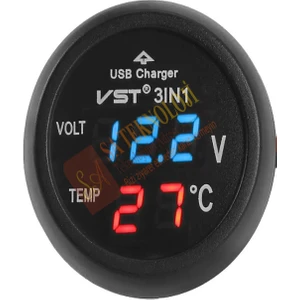 Araç Voltmetre Termometre USB 3in1(Mavi Kırmızı)
