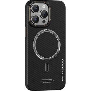 iPhone 15 Pro Max Uyumlu Kılıf Recci Machinist Seri Magsafe Şarj Özellik Magnetik Karbon Kapak Siyah