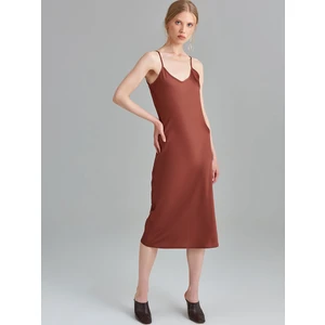 Spagetti Askılı Saten Midi Elbise - Bakır
