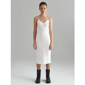 Spagetti Askılı Saten Midi Elbise - Ekru