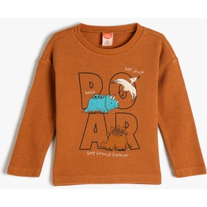 Sweatshirt Dinozor Baskılı Bisiklet Yaka Uzun Kollu Dokulu Pamuklu
