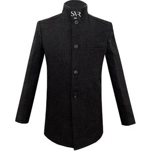 Rahat Kalıp Hakim Yaka Kareli Yünlü Siyah Kaban