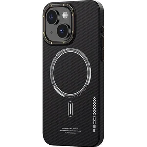 iPhone 15 Uyumlu Kılıf Recci Machinist Serisi Magsafe Şarj Özellikli Magnetik Karbon Kapak Siyah