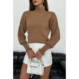 Nosia Fashion Kolları Dantel Detaylı Camel Triko Kazak NF4460009107708