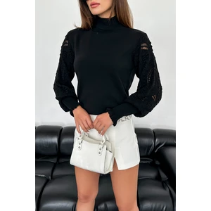 Nosia Fashion Kolları Dantel Detaylı Siyah Triko Kazak NF4460009107494