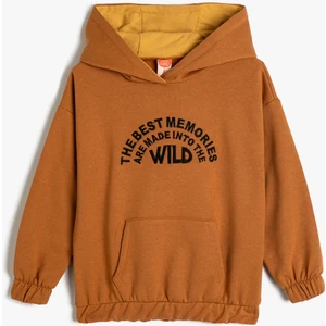 Kapşonlu Sweatshirt Uzun Kollu Kanguru Cepli Slogan Baskılı Şardonlu