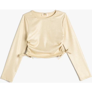 Tişört Uzun Kollu Bisiklet Yaka Parlak Kumaş Ribanalı Büzgü Detaylı