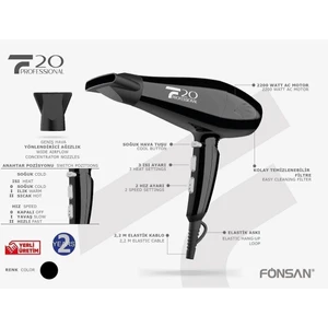 F20 Professional 2200 Watt Siyah Fön Makinası