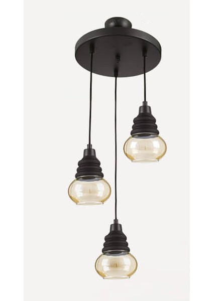 3'lü Siyah Metal E27 Duy Camlar Bal Renk Sarkıt Avize