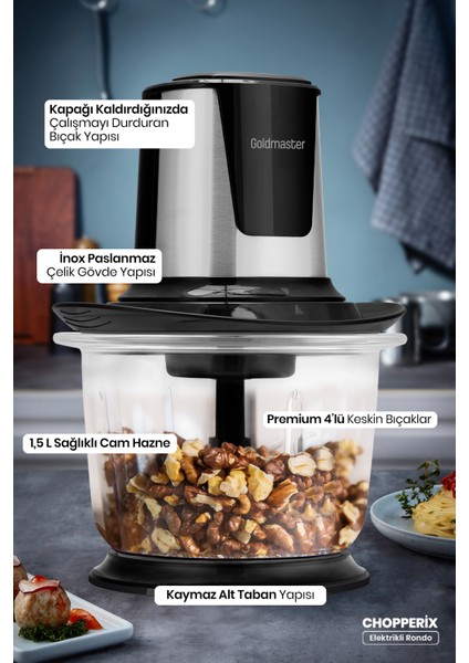 Chopperix Inox 1.5 Litre Büyük Cam Hazneli 4 Bıçaklı Paslanmaz Çelik Rondo Doğrayıcı
