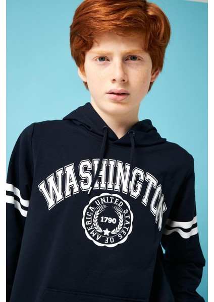 Washington Baskılı Kapüşonlu Erkek Çocuk Sweatshirt Lacivert modelleri