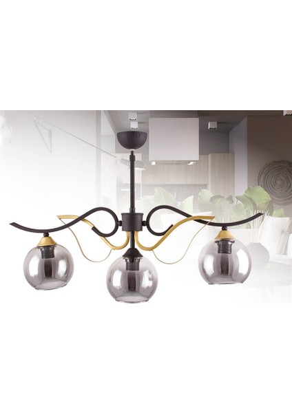 3'lü E27 Duy Siyah / Gold Renk Metal Sıralı Sarkıt Retro Avize