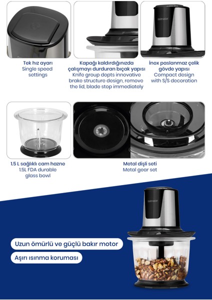 Chopperix Inox 1.5 Litre Büyük Cam Hazneli 4 Bıçaklı Paslanmaz Çelik Rondo Doğrayıcı
