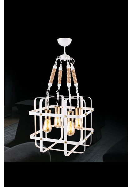 4'lü E27 Duy Beyaz / Gold Metal Halatlı Retro Sarkıt Avize