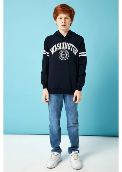 Washington Baskılı Kapüşonlu Erkek Çocuk Sweatshirt Lacivert