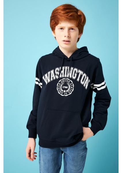 Washington Baskılı Kapüşonlu Erkek Çocuk Sweatshirt Lacivert