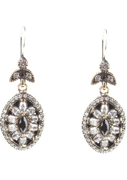 925 Ayar Gümüş ve Bronz Karışımı Marquise Safir ve Zirkon Taşlı Otantik Küpe