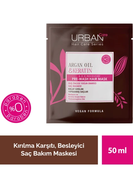 URBAN Care Argan Yağı&Keratin Kolay Kırılan Saçlar Besleyici Duş Öncesi Saç Bakım Maskesi-Vegan-50ML