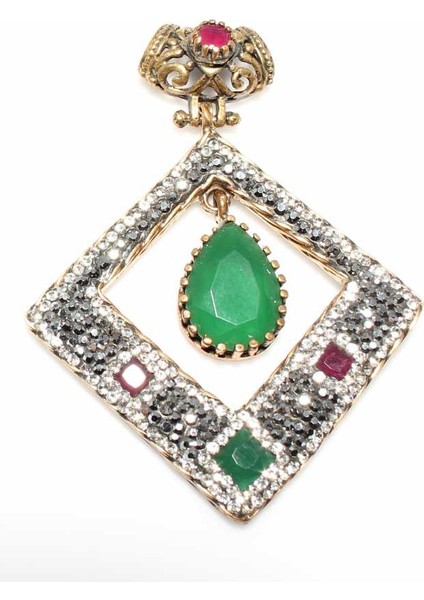 925 Ayar Gümüş Bronz Karışımı Zümrüt Taşlı Kolye Ucu