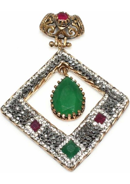 925 Ayar Gümüş Bronz Karışımı Zümrüt Taşlı Kolye Ucu fiyatları