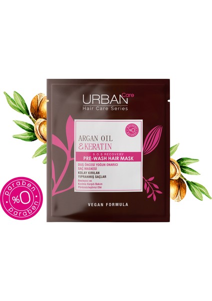 URBAN Care Argan Yağı&Keratin Kolay Kırılan Saçlar Besleyici Duş Öncesi Saç Bakım Maskesi-Vegan-50ML