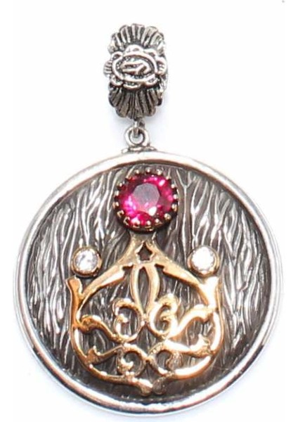 925 Ayar Gümüş ve Bronz Desenli Kırmızı Taşlı Kolye Ucu