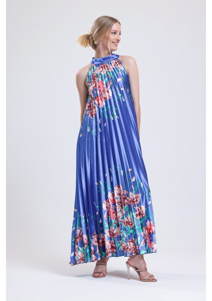 Boyundan Bağlamali Piliseli Dijital Baskili Kolsuz Saten Elbise | ELB34513 fiyatları