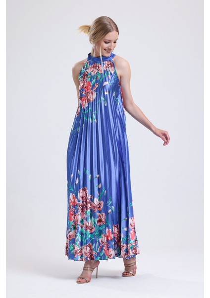 Boyundan Bağlamali Piliseli Dijital Baskili Kolsuz Saten Elbise | ELB34513 modelleri