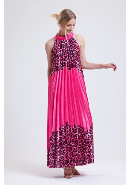 Boyundan Bağlamali Piliseli Dijital Baskili Kolsuz Saten Elbise | ELB34513