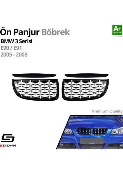 Bmw 3 Serisi E90/E91 Ön Panjur Böbrek Parlak Siyah Çerçeveli Krom Diamond Model 2005-2008